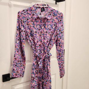 Vero Moda Button-Up Pink Floral Print Long-Sleeved Dress with Belt